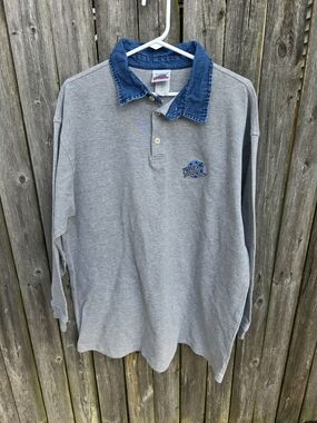 PLANET HOLLYWOOD XXL Grey Longsleeve Polo with Denim Collar